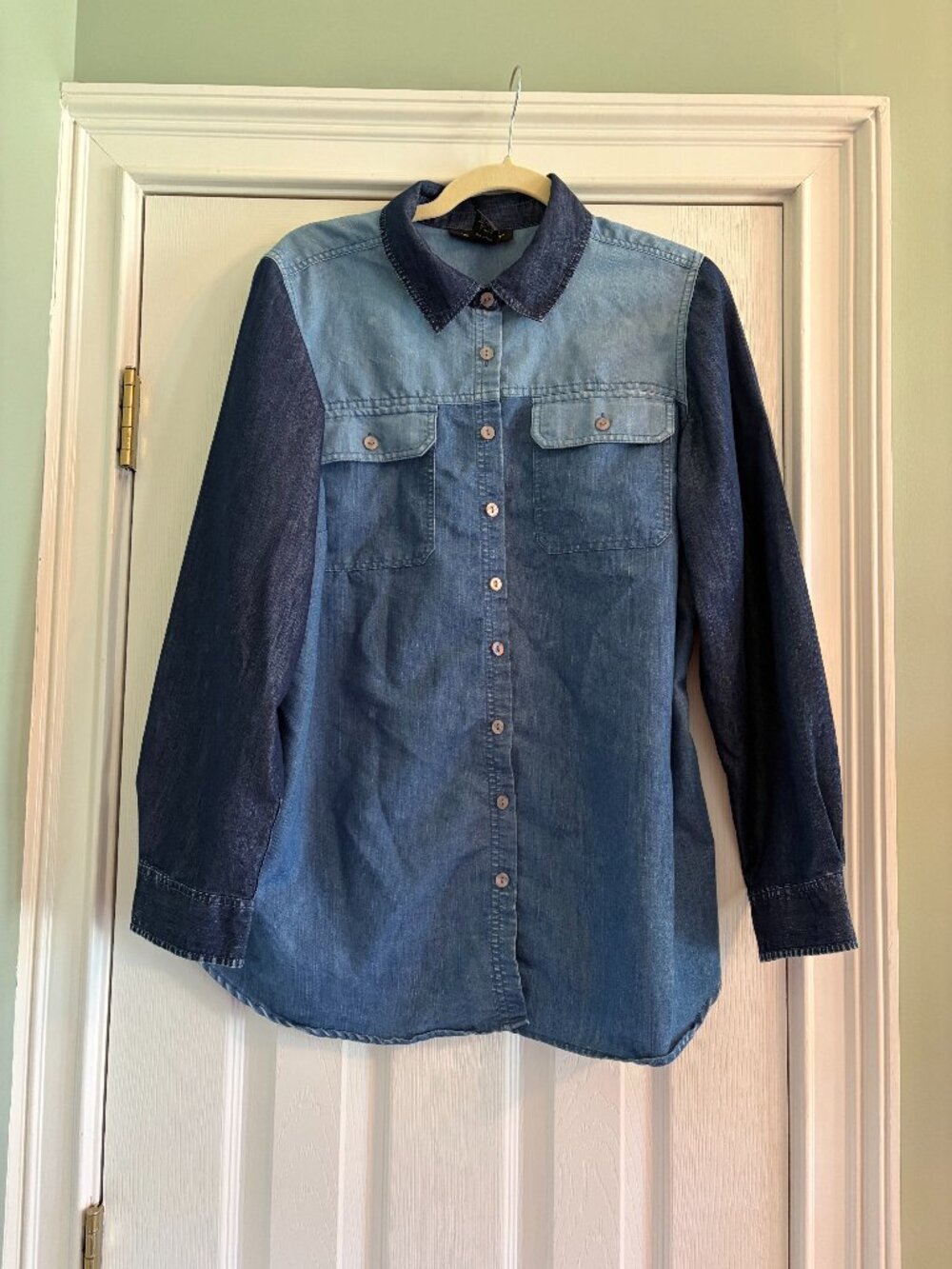 Ashley Stewart 12 button down three shades of denim long sleeve